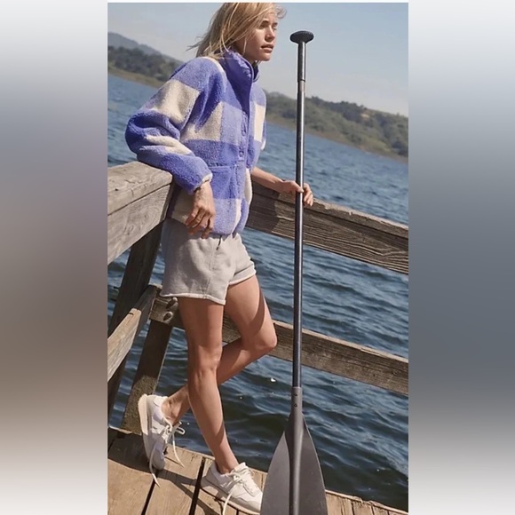 Free People Hit The Slopes Printed Fleece Jacket Blue Irish Gingham Combo - Picture 4 of 6